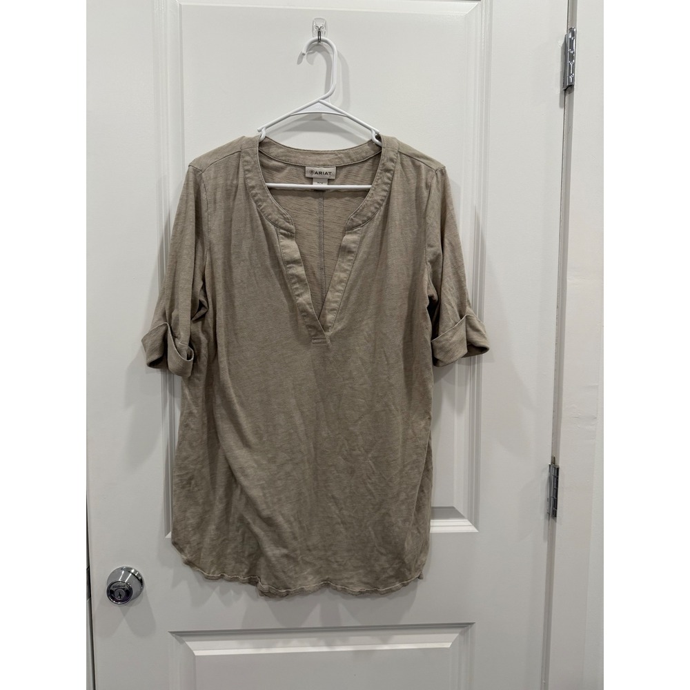 Ariat Womens Taupe V-Neck Cuffed Sleeve Tunic Top Size Medium
